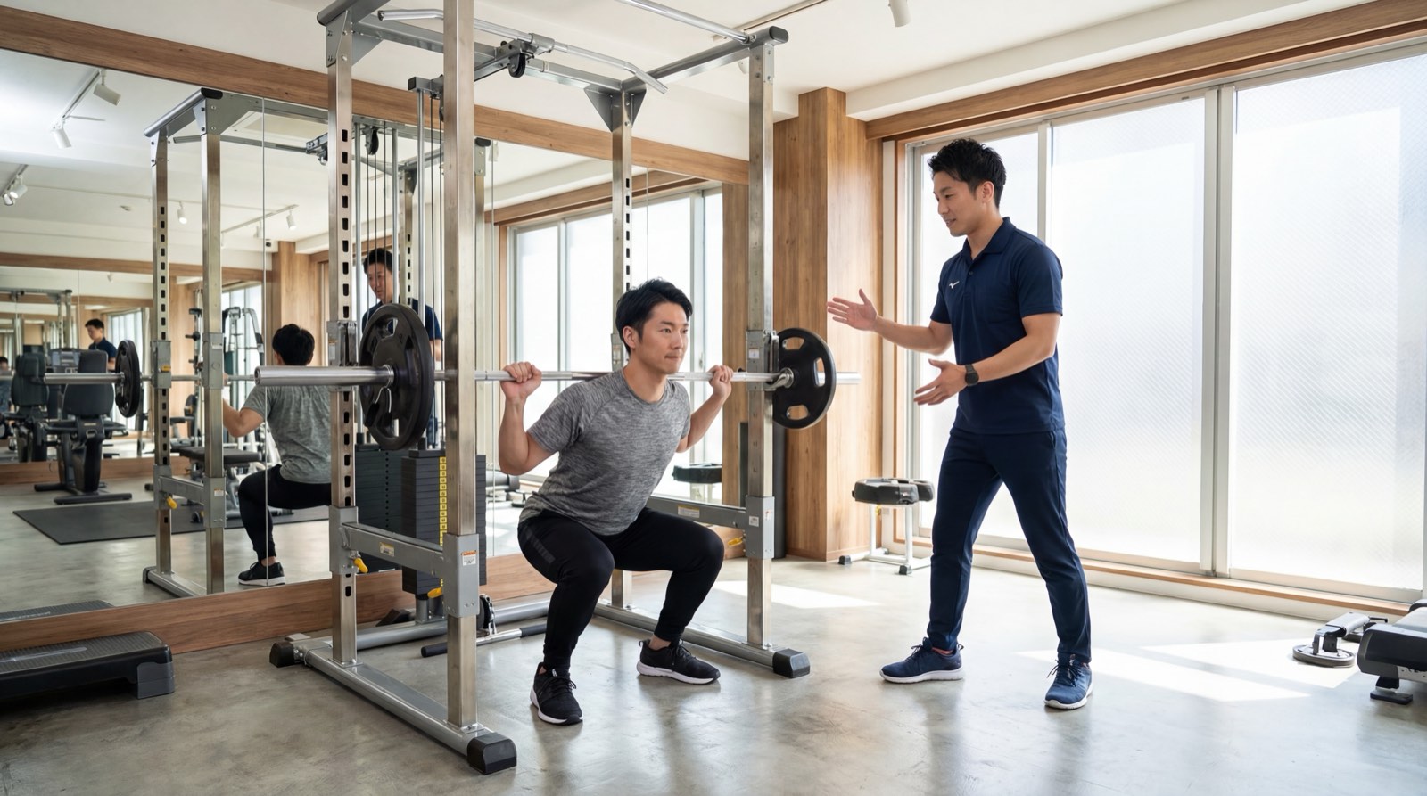 Rewayの完全個室でトレーニングする様子。トレーナーがフォームを指導している